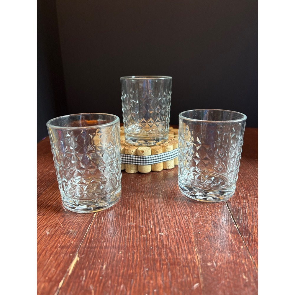 Vintage Diamond Point Juice Glasses Set of 3 Clear Pressed Glass Starburst Base